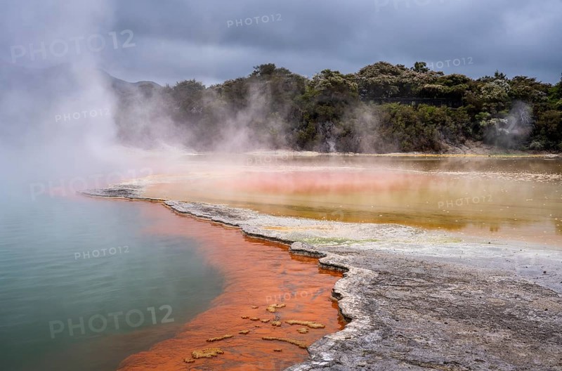 The champagne pool in the Waiotapu geothermal area (Wai-O-Tapu) . orange and yellow. Waiotapu, Waikato, North Island, New Zealand