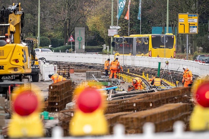 Large-scale construction site in the city center of Essen, Herkulesstraße, the construction of new tracks for the new Stadtbahn-Essen, a new tram line in the city center that will connect the west of the city with the new Essen-51 district, North Rhine-Westphalia, Germany