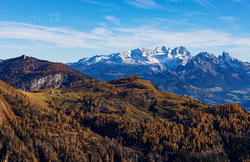 Alpbichlalm with Dachstein massif, autumn, Osterhorn Group, Salzkammergut, Province of Salzburg, Austria