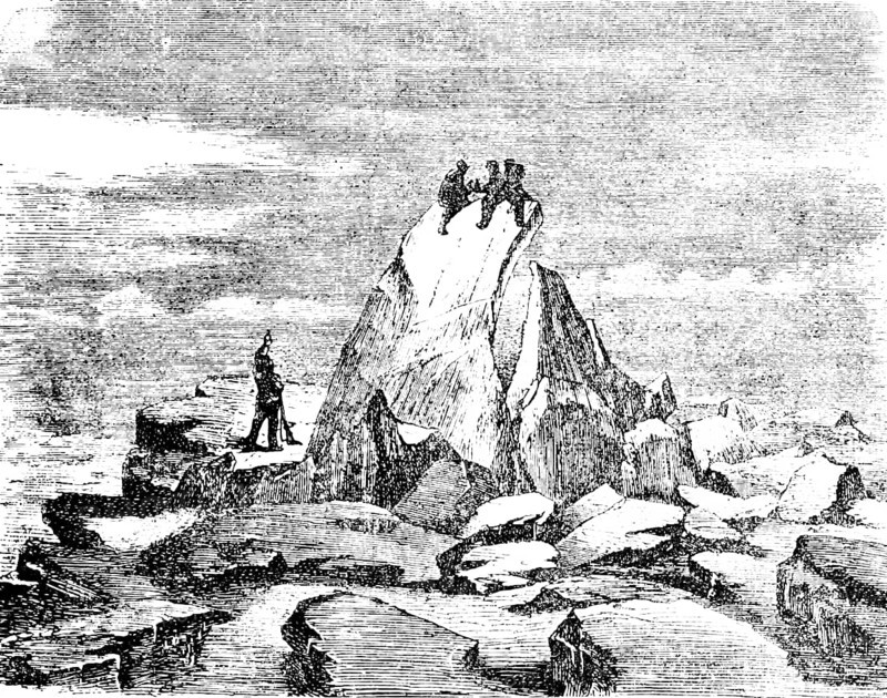 Ice block on an ice field in the Arctic Ocean, ice landscape, floating ice blocks people, danger, cold climate, climate change, travel picture, historical illustration around 1900