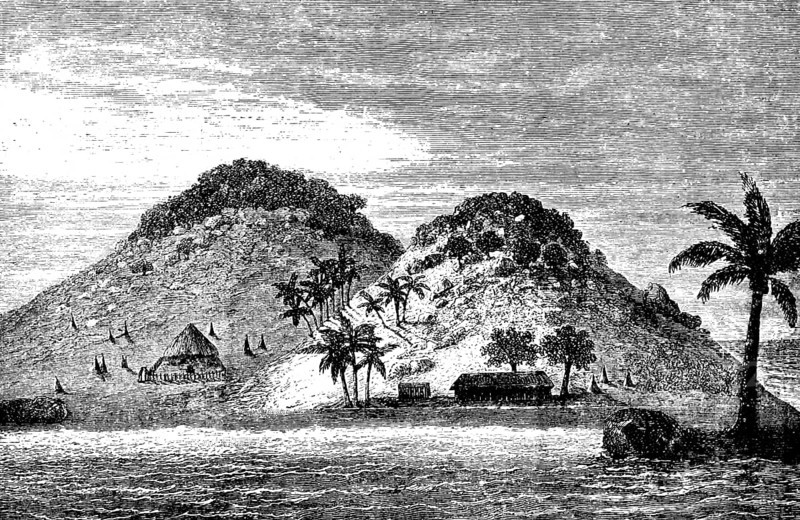Lonely volcanic island in New Guinea, Papua, Pacific Ocean, straw huts, coconut trees, stratovolcanoes, stratovolcanoes, nature, vegetation, travel picture, historical illustration around 1900