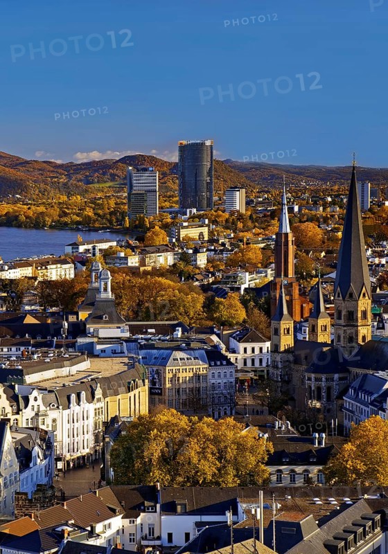 Autumn panoramic view from the town house of Bonn Minster, the Post Tower, the Rhine and the Siebengebirge, Bonn, North Rhine-Westphalia, Germany