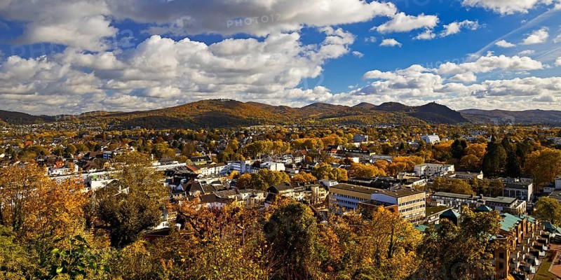 View of the Bad Godesberg district from Godesburg in autumn towards Siebengebirge, Bonn, North Rhine-Westphalia, Germany