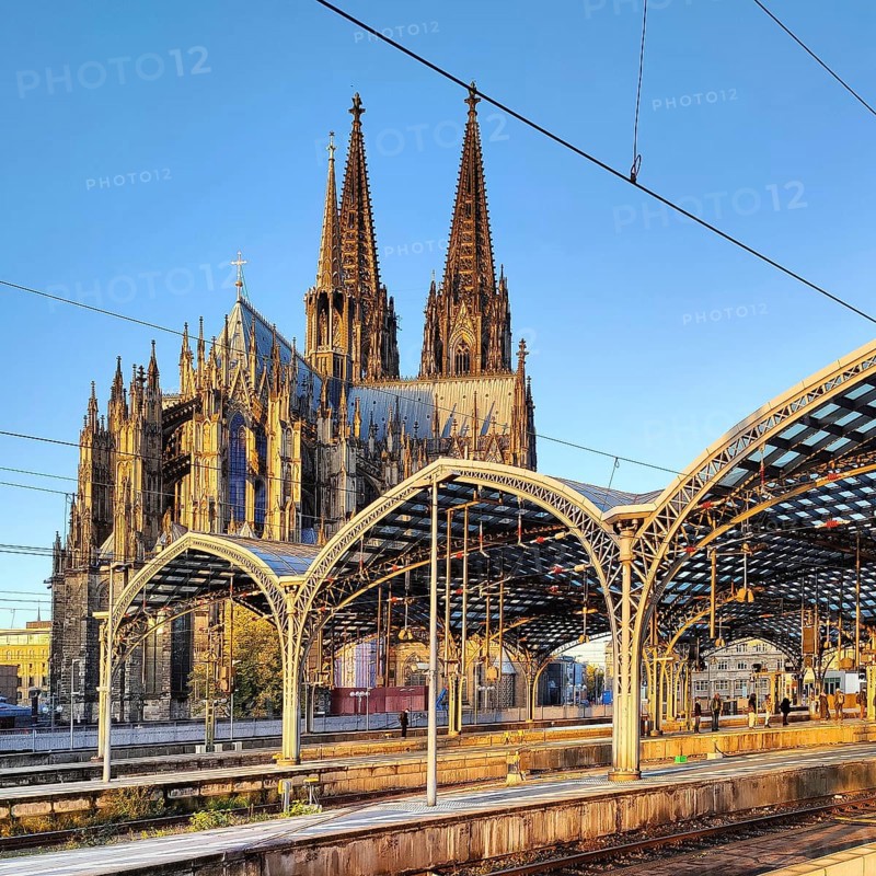 Central station with platform roof and cathedral early in the morning, Cologne, Rhineland, North Rhine-Westphalia, Germany