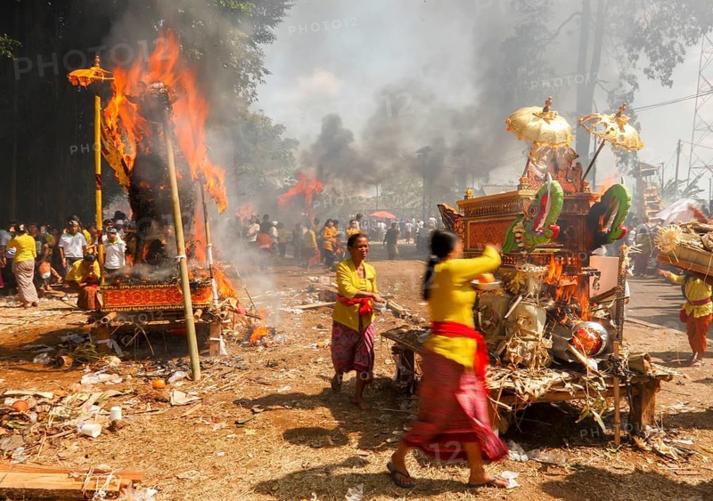 The coffins are incinerated during a corpse cremation (Ngaben) Gianyar, Bali, Indonesia