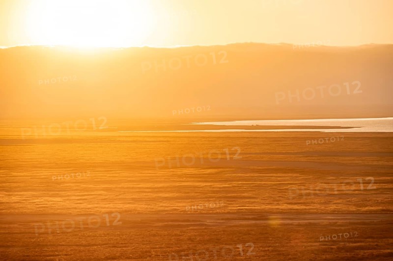 View of savanna landscape at sunrise, atmospheric morning light, view of Ngorongoro Crater, back light, Ngorongoro Conservation Area, Tanzania