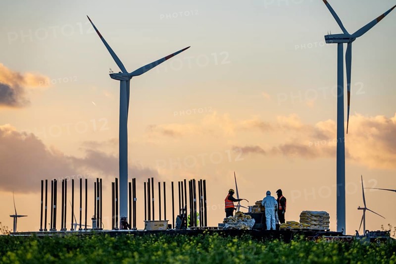 Construction site of the new Bedburg 3 wind farm, on recultivated open-cast mining site, 9 wind power plants with an output of 60 megawatts are being built, finished foundation on which the wind turbine tower is then built, operated by RWE and the city of Bedburg, North Rhine-Westphalia, Germany
