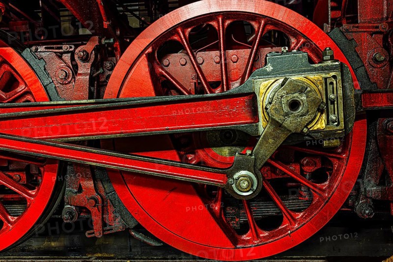 Wheelwork of a historic steam locomotive owned by the Free State of Bavaria, Eisenbahnmuseum, Augsburg railway park, administrative district of Swabia, Bavaria, Germany