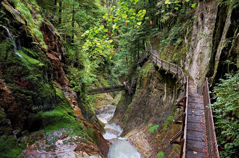 Wooden walkway in the Durnand Gorge, Les Valettes, Canton of Valais, Switzerland