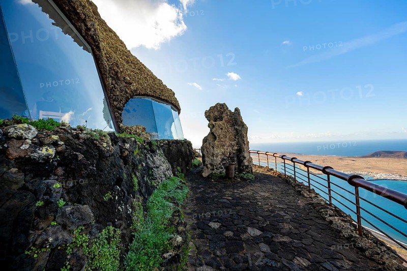 Panoramic window at the Mirador del Río viewpoint, designed by artist César Manrique, Lanzarote, Canary Islands, Spain