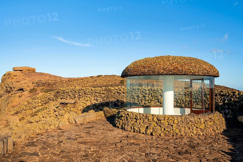 Staircase and viewing platform at the Mirador del Río viewpoint, in the evening light, designed by artist César Manrique, Lanzarote, Canary Islands, Spain