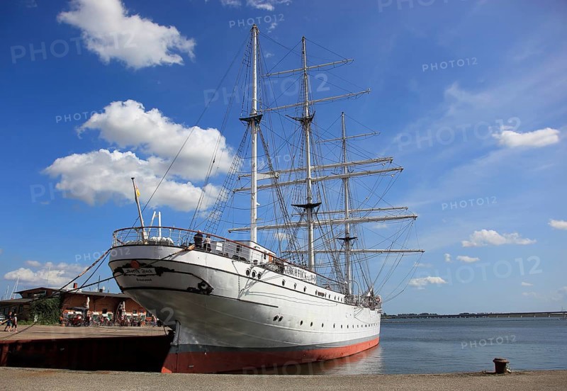 Gorch Fock, a sailing school ship rigged as a bark in the harbor, Stralsund, Vorpommern-Rügen district, Mecklenburg-Western Pomerania, Germany