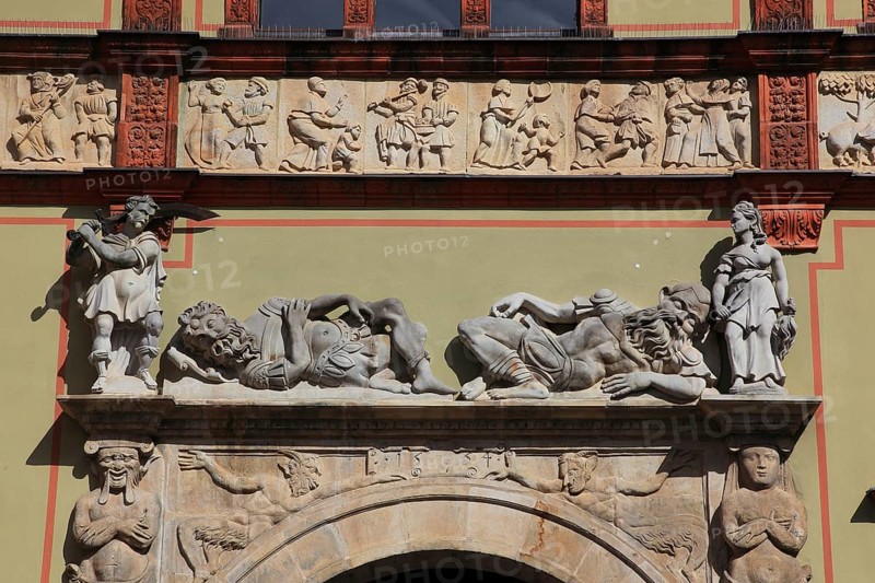 Façade of the Fürstenhof in Wismar, portal design of the passageway, Renaissance monument, district of Northwest Mecklenburg, Mecklenburg-Western Pomerania, Germany