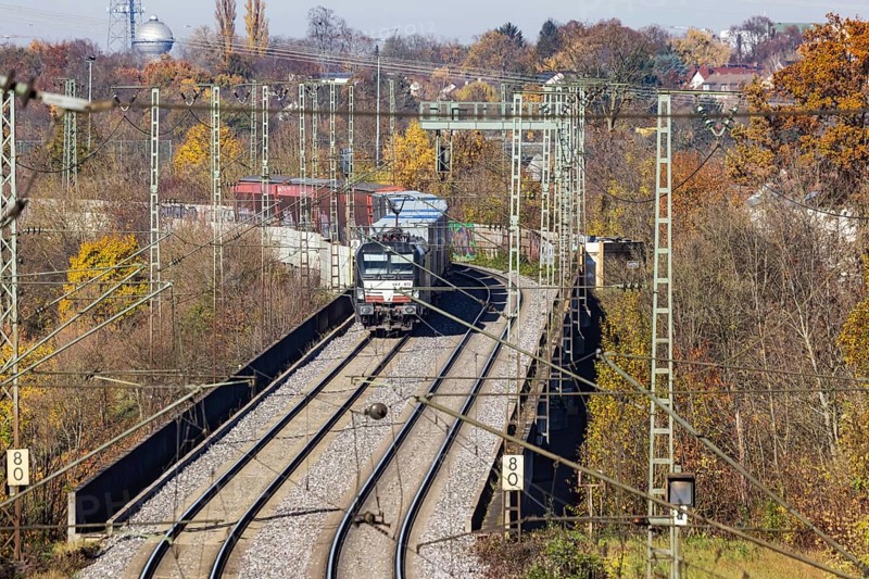 Freight train on the so-called Schusterbahn, a bypass of Stuttgart Central Station. Stuttgart, Baden-Württemberg, Germany