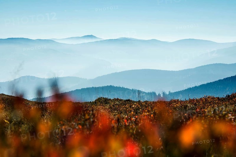 Staggered mountain ranges in haze, at Hohneck, Col de la Schlucht, Vosges, Alsace-Lorraine, Vosges Haut-Rhin Department, France