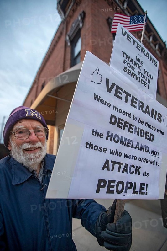 Milan, Michigan USA - 11 November 2025 - On Veterans Day, veterans held rallies across the country to oppose ICE, military occupation of cities, and Trump Administration cuts that hurt poor and working people. The Milan rally was in a small city in rural Michigan