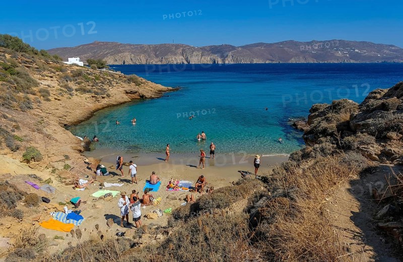 Agios Sostis, Mykonos, Cyclades, Greece - Agios Sostis, small town with the famous restaurant Kikis Tavern, here the small bay LOVERS BEACH directly below the restaurant, sandy beach in the north of the island