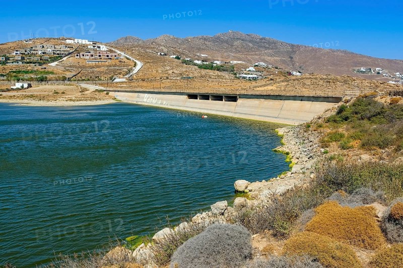 Mykonos, Cyclades, Greece — Marathi Dam, Mykonos Municipal Water Supply and Sanitation Company has two dams, Marathi Reservoir and Fokos Reservoir, to supply water to the island. Due to the prolonged drought, both are almost empty and are not being used