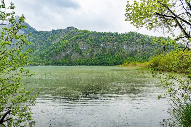 Landscape of Lake Offensee on a rainy day in spring, Salzkammergut, Austria