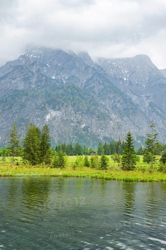 Landscape of Lake Almsee on a rainy day in spring, Salzkammergut, Austria