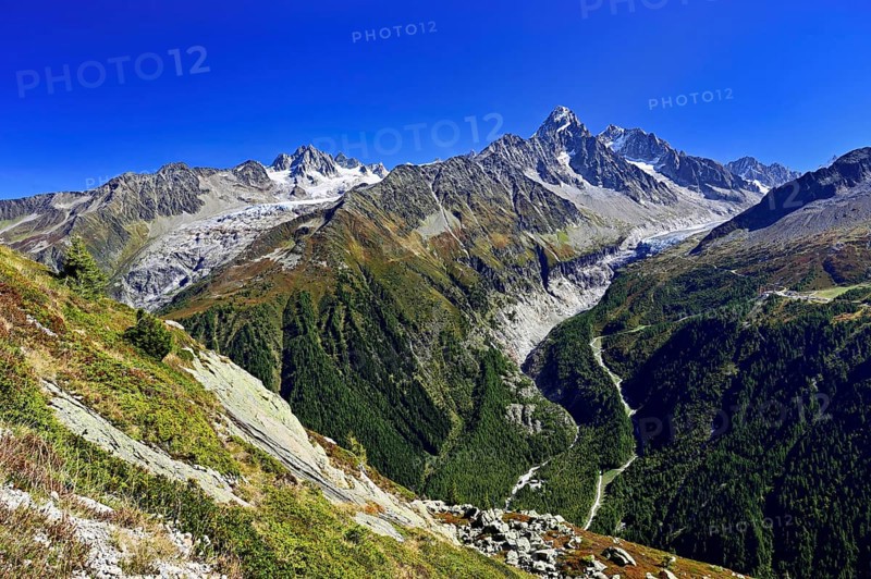 From left front Glacier du Tour back Aiguilles du Tour, right Aiguille du Chardonnet, in front foothills of the Argentière Glacier, Chamonix-Mont-Blanc, Haute-Savoie, France