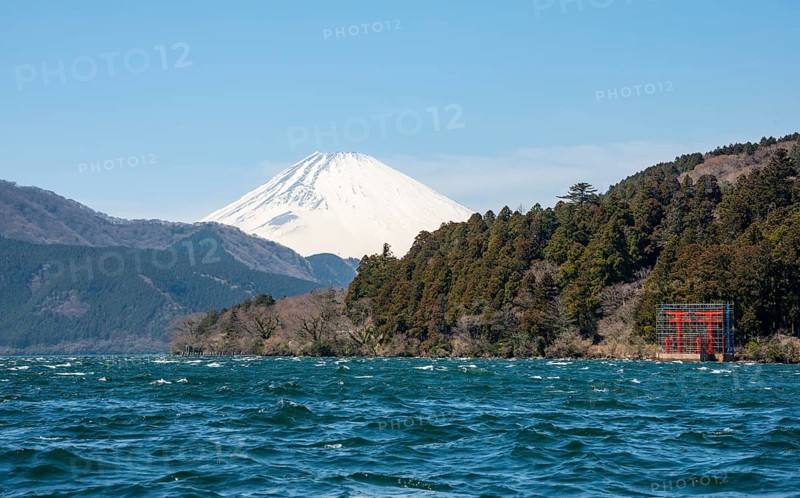 View of Lake Ashi with Mount Fuji volcano and peace torii from Hakone Shrine, Hakone, Japan