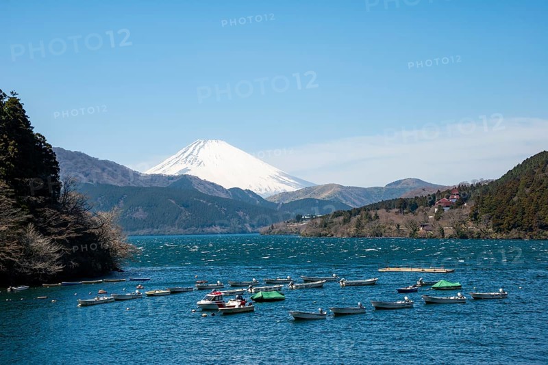 Attached rowing boats, view of Lake Ashi with Mount Fuji volcano, Hakone, Japan