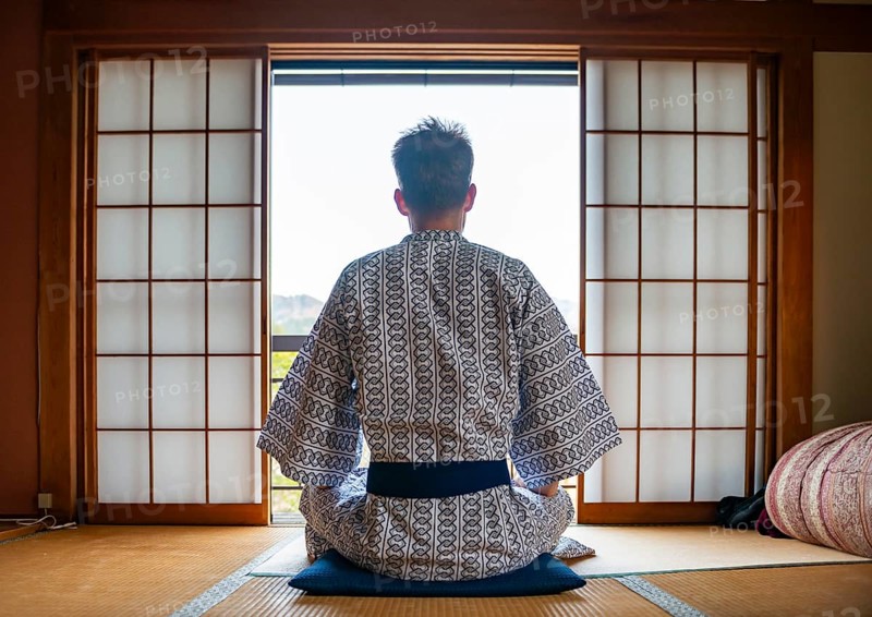 Young man wearing kimono sitting in traditional Japanese living room with tatami mats and shoji sliding doors, from behind, Yamanouchi, Nagano, Japan