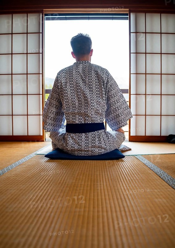 Young man wearing kimono sitting in traditional Japanese living room with tatami mats and shoji sliding doors, from behind, Yamanouchi, Nagano, Japan