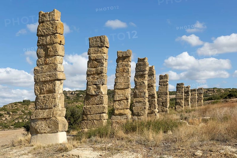 Stone columns of ancient aqueduct, Roman site of Los Banales, near Layana, Zaragoza province, Aragon, Spain