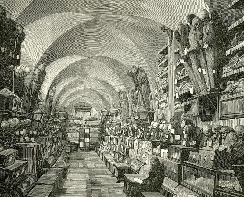 Capuchin Crypt, Le Catacombe dei Cappuccini, extensive crypt complex under the Capuchin monastery in Palermo and, with its natural mummies, one of the most famous burial sites in the world, Sicily, Italy, illustration, reproduction from a model from the 19th century. Authentic, file restored for optimal use, exact date of submission unknown, historical