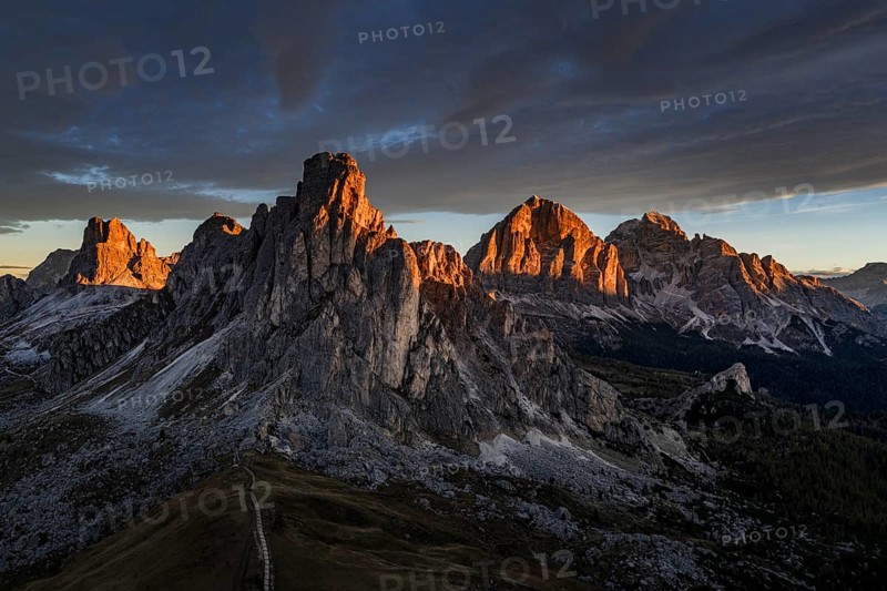 Mountain landscape, morning light, cloud atmosphere, autumn, aerial view, Giau Pass, view of Tofana Group, Dolomites, Italy