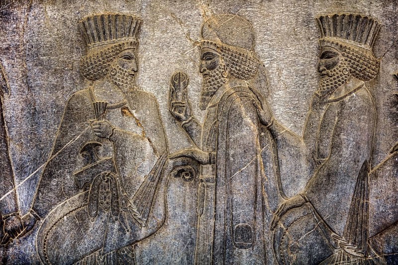 Relief detail of the delegation of peoples bringing gifts to Darius on the stairs of the Apadana Palace, Persepolis