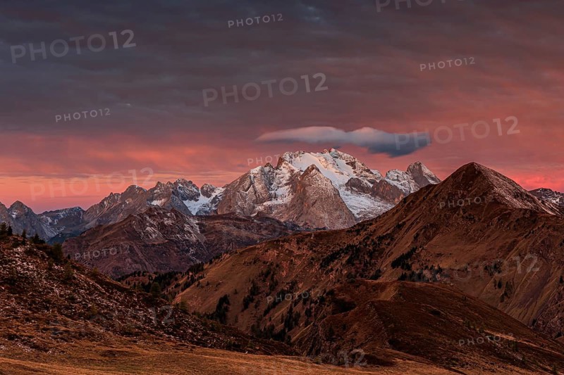 Dawn, clouds, morning mood, mountains, autumn, view of Marmolada, Giau Pass, Dolomites, Italy