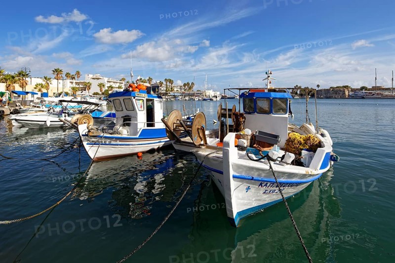 Fishing boat, fishing boats, picturesque, Neratzia fortress in the back, Mandraki harbor, seaport, old town, Kos town, Kos island, Dodecanese islands, Greece, eastern Adriatic Sea, Mediterranean
