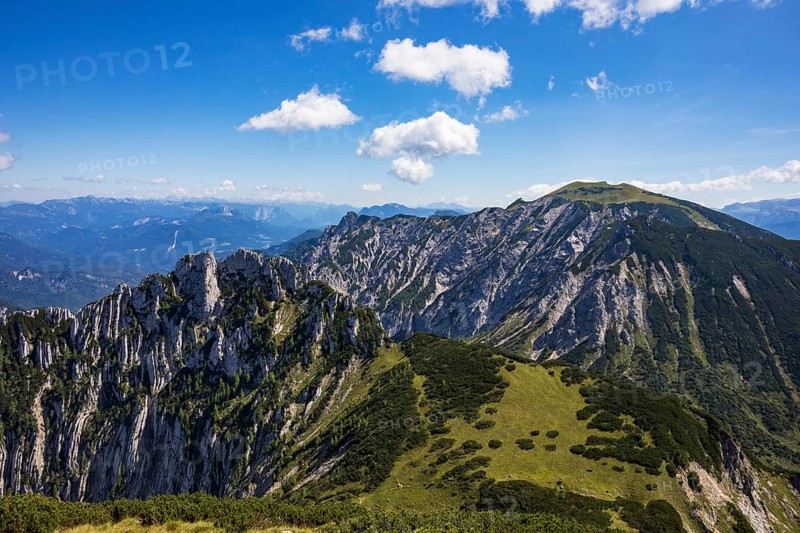 View from Braunedlkogel to Scharfen and Gamsfeld, Postalm, Osterhorn Group, Salzkammergut, State of Salzburg, Austria