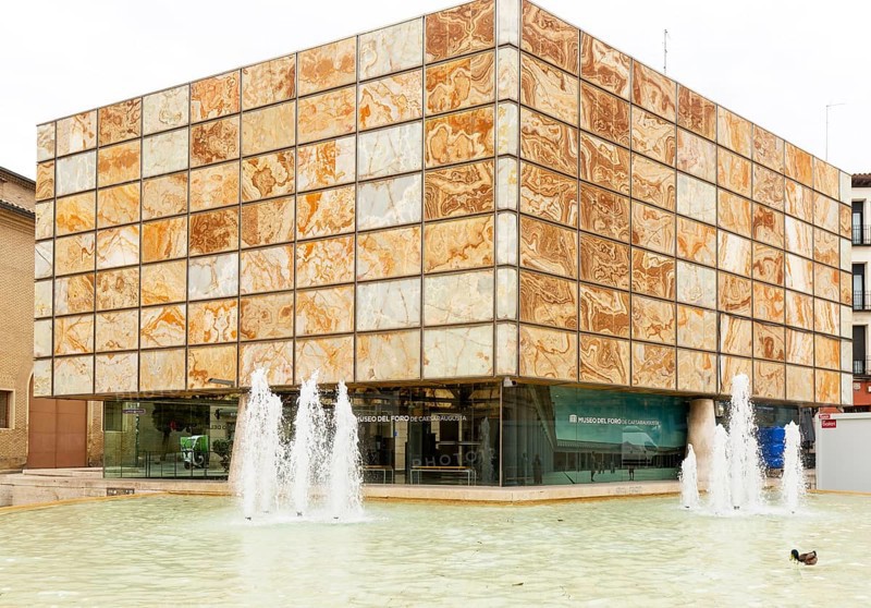Modern architecture of Museo del Foro de Caesaraugusta, Roman forum museum building, Zaragoza, Aragon, Spain
