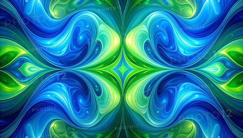 Symmetric Abstract Bright Liquid Ornament Background, futuristic wallpaper template illustration, vibrant blue and green neon hues, AI generated