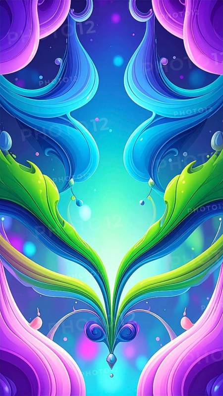 Symmetric Abstract Bright Liquid Ornament Background, futuristic wallpaper template illustration, vibrant blue and green neon hues, AI generated
