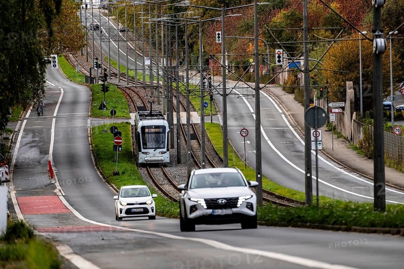Bogestra tramway, line 305, on the Wattenscheider Hellweg, tram line in the middle of the street, North Rhine-Westphalia, Germany