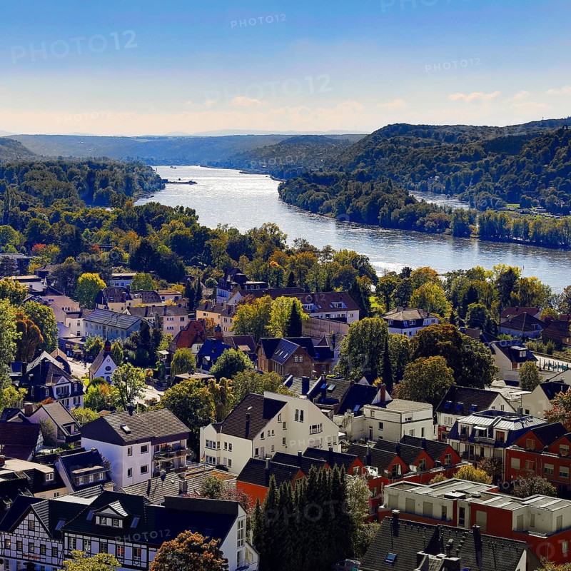 The Rhine seen from the Ulanendenkmal, Rhöndorf, Bad Honnef, Siebengebirge, North Rhine-Westphalia, Germany