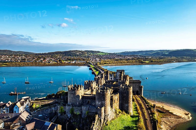 Conwy Castle over River Convy from a drone, Convy, North Wales, England, United Kingdom