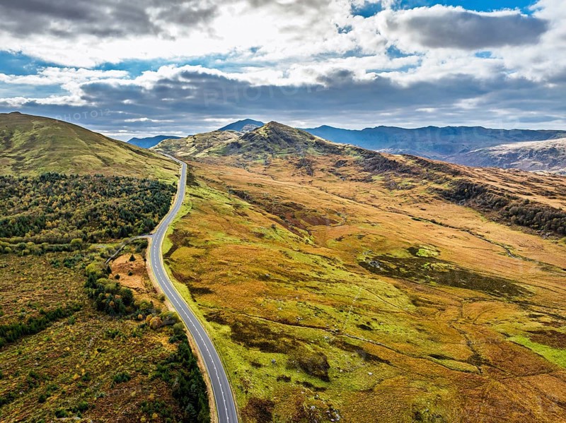 Snowdonia National Park over Road A470 from a drone, Crimea Pass, Blaenau Dolwyddelan, Wales, England, United Kingdom