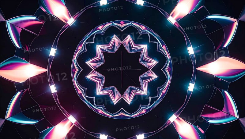 Abstract background of slightly unfocused multicolored glass lenses spinning and rotating, wallpaper illustration in vibrant neon colors, mandala background for business, textures and pattern, AI generated