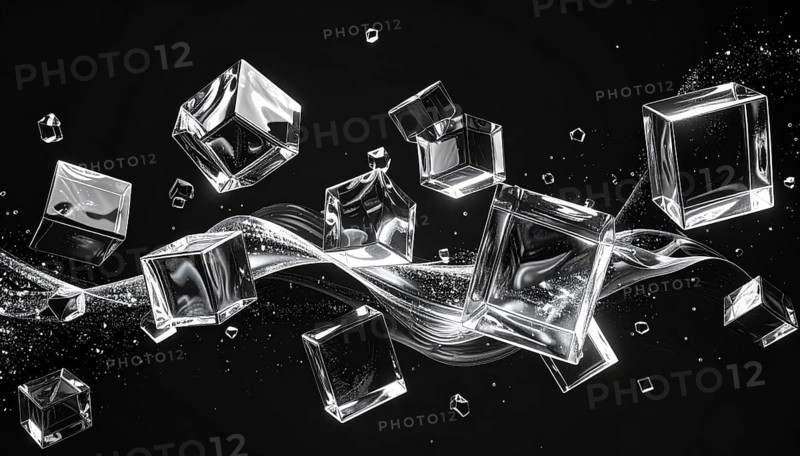 Abstract animation, glass cubes on black background, modern business wallpaper illustration, AI generated