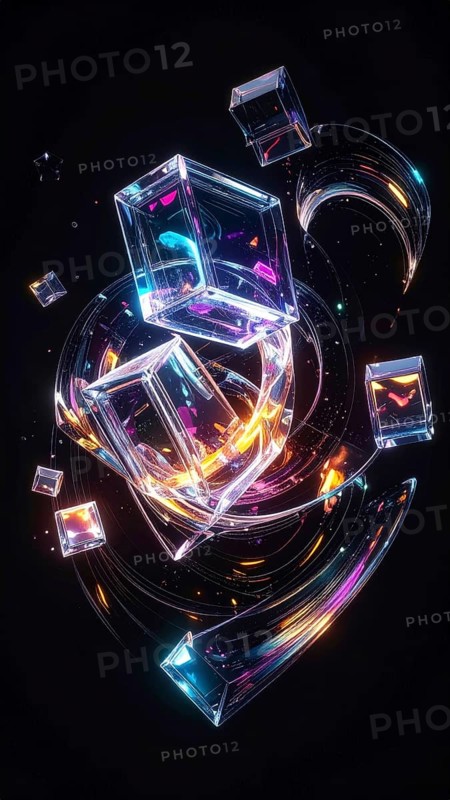 Abstract animation, glass cubes on black background, modern business wallpaper illustration, AI generated