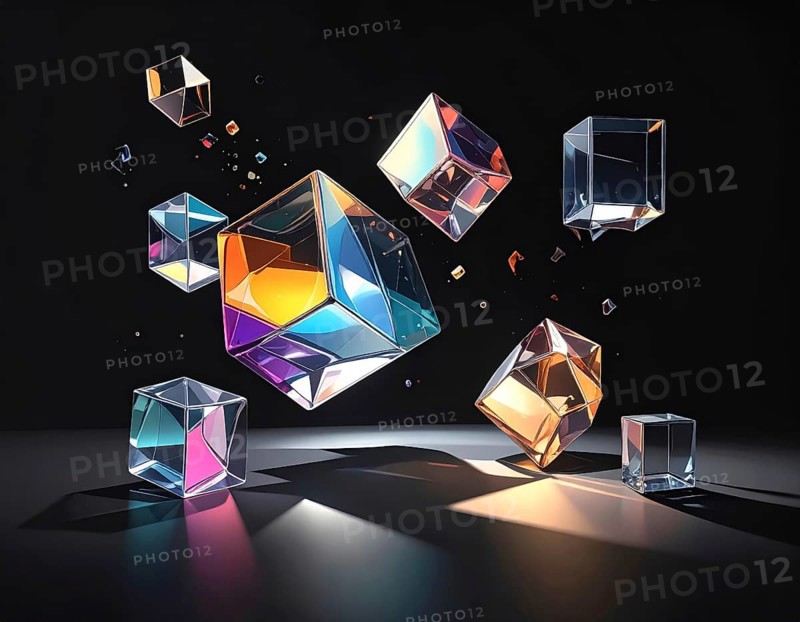 Abstract animation, glass cubes on black background, modern business wallpaper illustration, AI generated