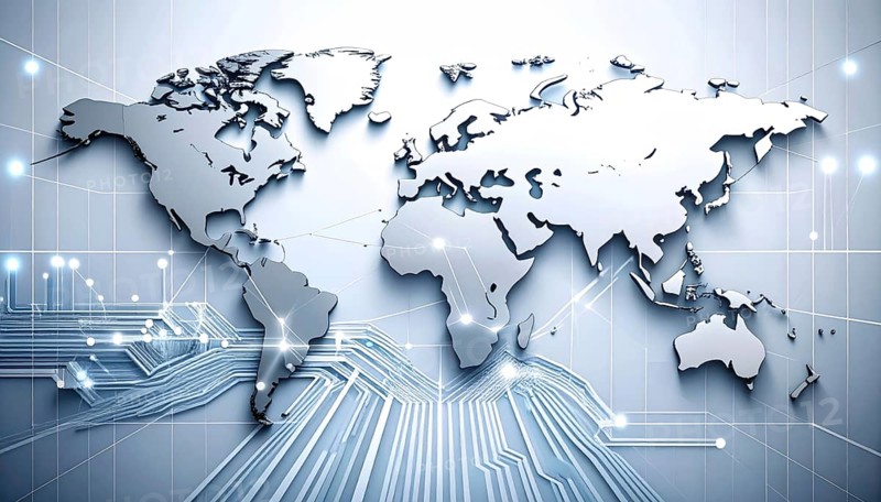 Abstract visualization of global rare earth supply network feeding EV industry, world map design, tech aesthetic, clean lines, rare earth for electric vehicles, AI generetaed, AI generated