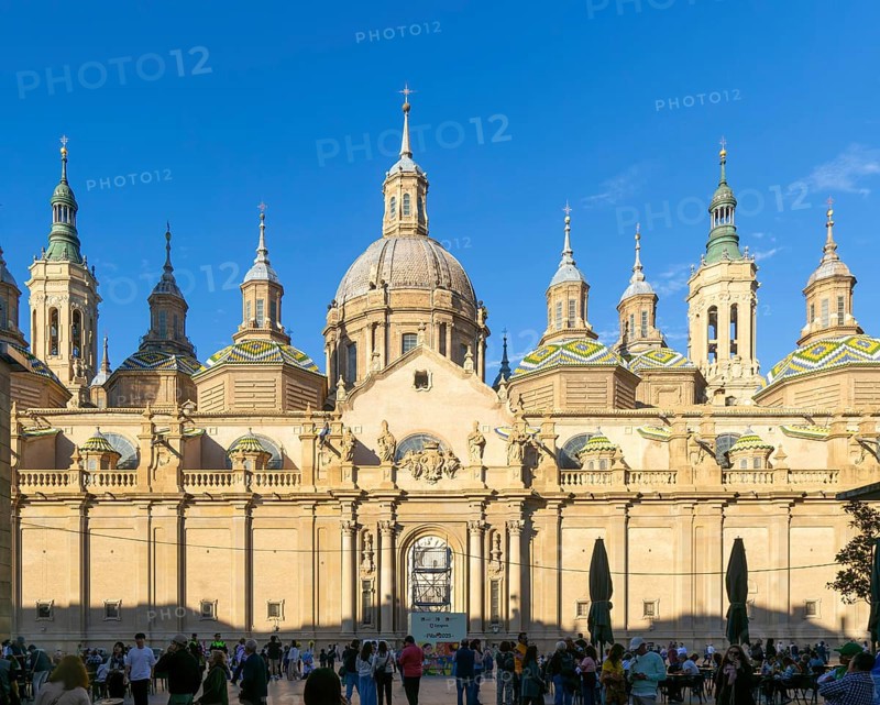 Towers and domes on roof of Basilica of Our Lady of the Pillar cathedral church, Zaragoza, Aragon, Spain