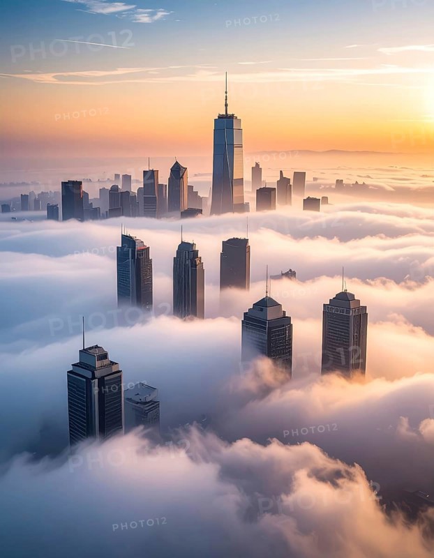 City scape emerging from a dense enveloping fog in sunrise and skyscrapers piercing the haze, big metropolis with skyline, mist on ground, blue sky, city in an aerial view, AI generated
